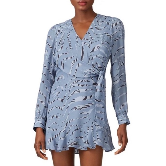 Parker Silk Blend Faux Wrap Blue Zebra Print Dress - Picture 1 of 11